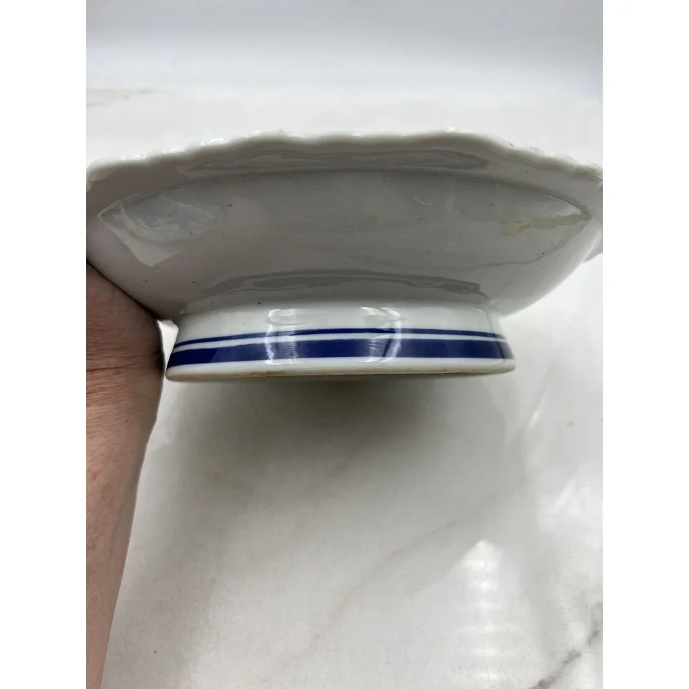 Vintage Pedestal Dish Scalloped Bowl Blue and White Butterfly Porcelain 9.5
